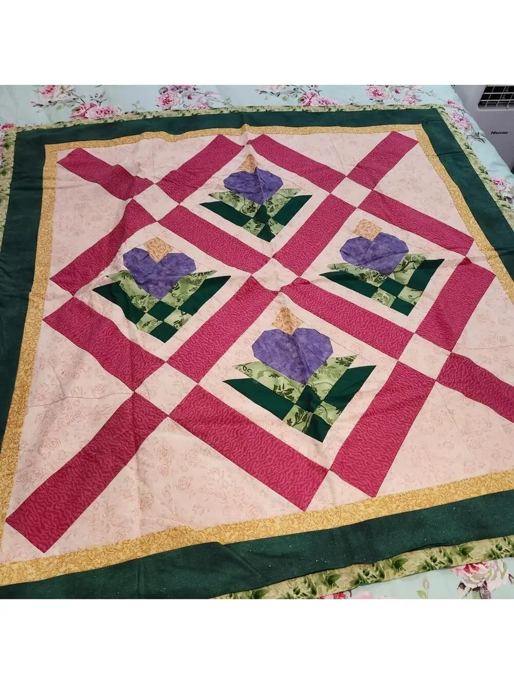 Handmade Quilted Throw Blanket Purple Heart Applique Cottagecore Wall Hanging